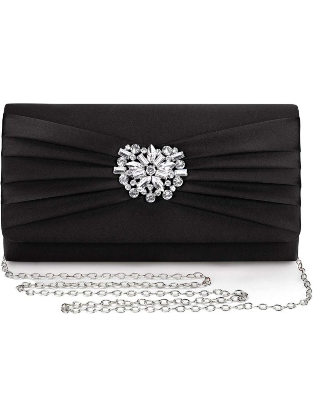 Women's Black Satin Rhinestone Clutch Prom Detachable Chain Evening Bag